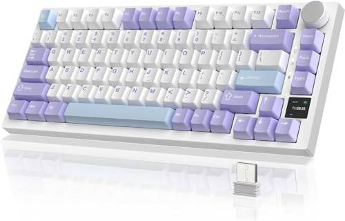 A.JAZZ AK820PRO 75% TKL mekaniskt speltangentbord, 2,4G trådlöst/BT5.1/USB-C trådbundet, 81 tangenter med TFT-färgskärm och CNC-knapp, RGB-belysning, Hot-Swap, 4000mAh batteri-lila vit