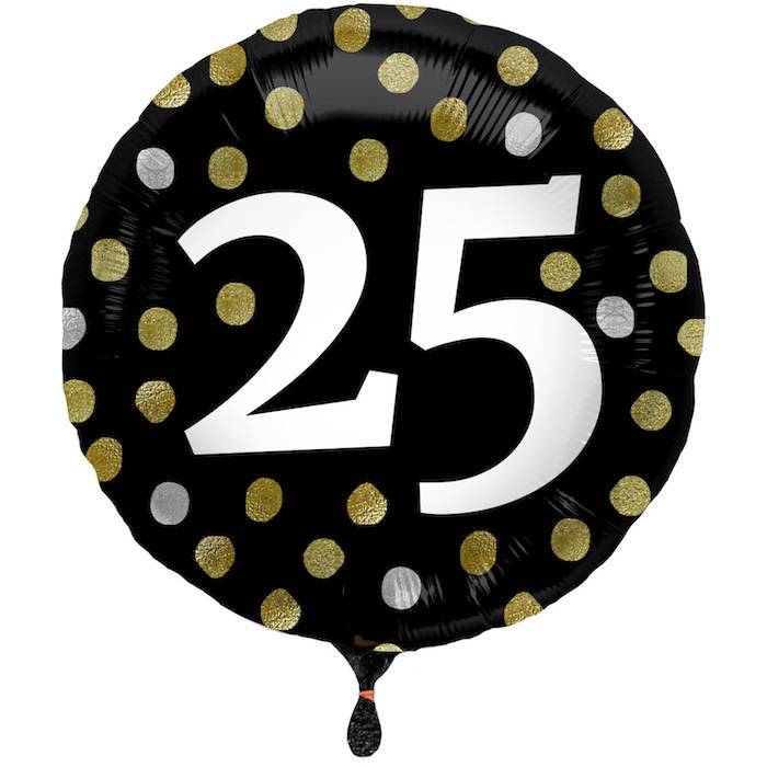 25 Års Folie Ballon Sort Med Prikker - 45 cm.