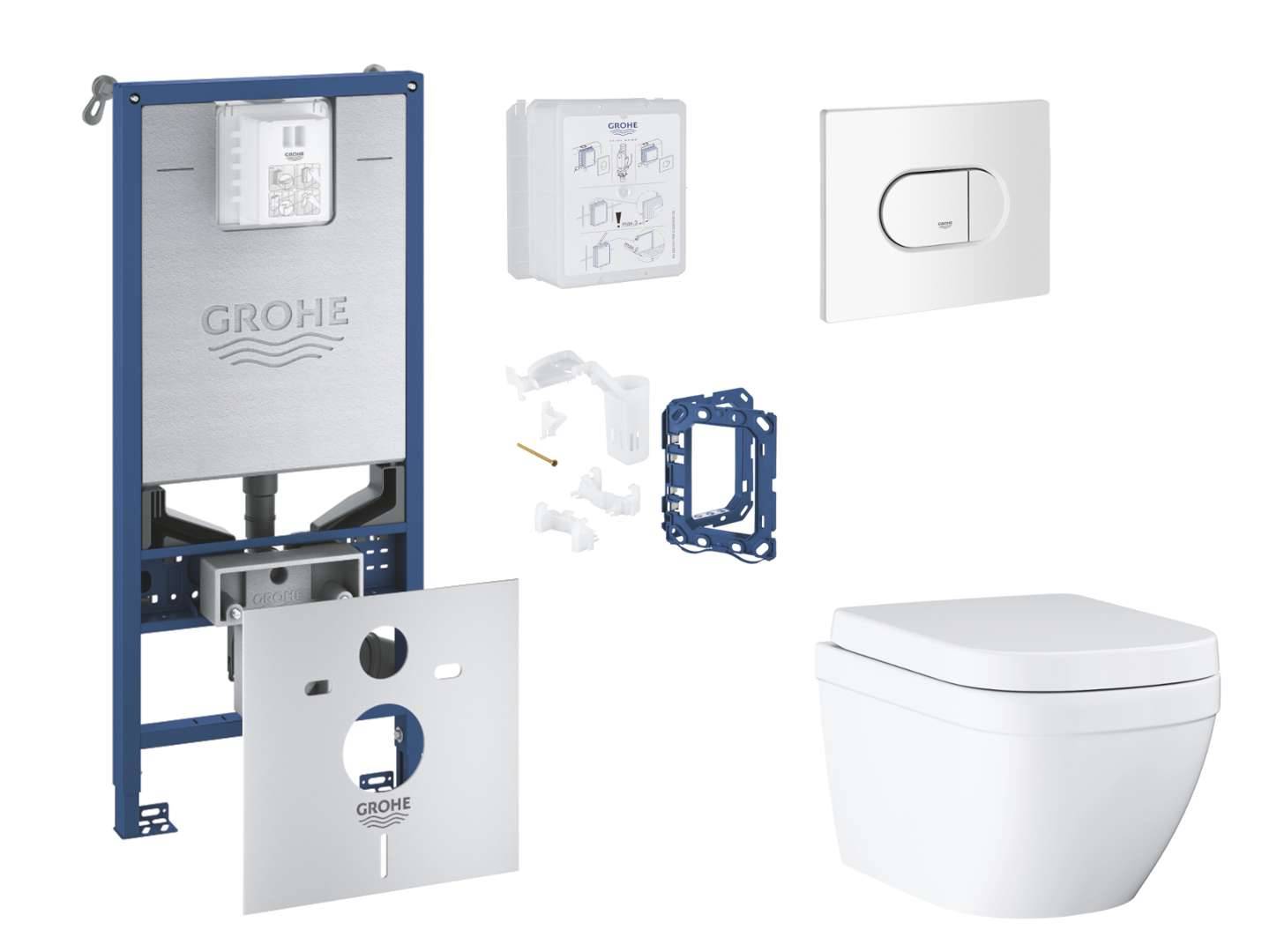 Grohe Rapid SLX - Set med väggmonterad installation, toalett, SoftClose-sits, Arena Cosmopolitan tryckknapp och tablettsats, Triple Vortex, alpinvit SANI11BB3138