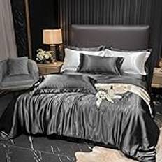 Påslakanset i siden satin,sommarlakan med örngott Sängset Hemtextilier för sovrumslägenheter Svart Enkelsäng 1,2m （150 * 200cm 3ST）