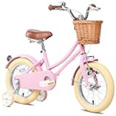 Glerc 16 tum, barn, flicka, cykel för 4, 5, 6, 7 och 8 år gamla flickor, retro, vintagestil, cykel med korg, träningshjul och klocka, rosa