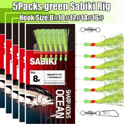 5 påsar/30 krokar Sabiki-rigg i europeisk stil med glödande pärlor och naturtrogna småfiskar, lämpliga för atlantmakrill, stillahavssardiner, nordlig - Grön (5-pack-8#,5-pack-10#,5-pack-16#,5-pack-14#,5-pack-12#)
