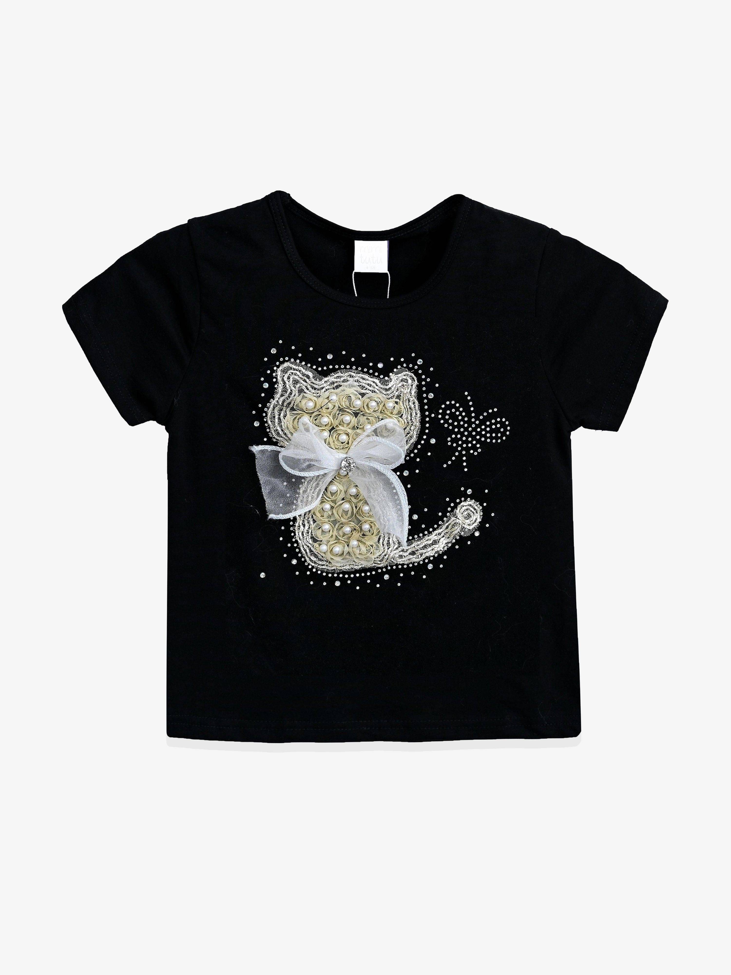 Black Cat Applique T-Shirt - Black / 3Y-4Y (3Y-4Y)