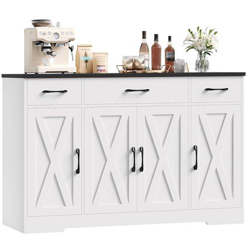 HOCSOK Sideboard, 140 cm Breit Küchenschrank mit 2 Verstellbaren Regalen, Buffetschrank mit 3 Schubladen 4 Türen, Küchenbuffet für Wohnzimmer, Küche, Flur, Weiß &Schwarz