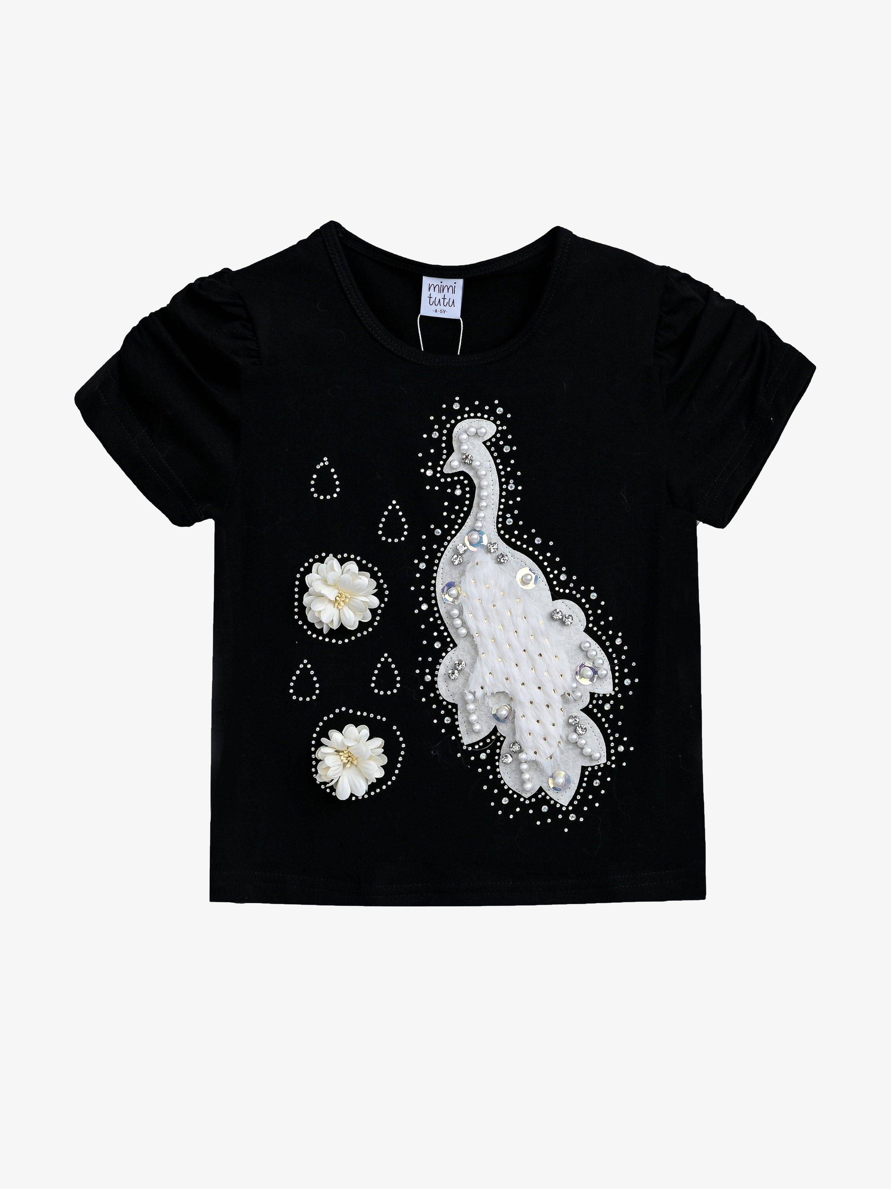 Black Peacock Applique T-Shirt - Black / 1Y-2Y (1Y-2Y)