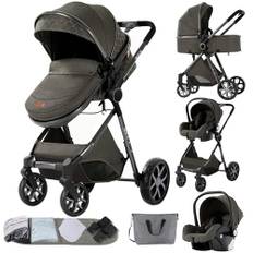 MoLi Barnvagn 3-i-1, barnvagn set vändbart dubbelskjutläge, kombibarnvagn 3 i 1 stor bekväm babybadkar, buggy ram aluminiumlegering vikbar högt landskap (225 mörkgrå)