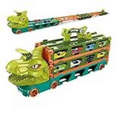 Dinosaurie Carrier Truck,Dinosaur Transport Truck - Fällbar Dino Truck med 2 Ejection Race Track | 2 i 1 transformerande lastbil, bildumperleksak med 8 metallracerbilar