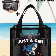 Black Transparent Mesh Double Handle Tote Bag And Cosmetic Bag, Ocean Element Shark Pattern Print Bag, Shark Print Cosmetic Bag, Women&#39;S Mesh Square B - Black - Big Bag,Packet,Big Bag + Small Bag