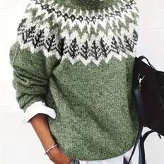 TEMU Women's Color-block Cable Sweater - 100% Polyester Long Sleeve Round Neck Pullover With Contrast, Machine Washable & Dry , Versatile Casual To Formal Wear