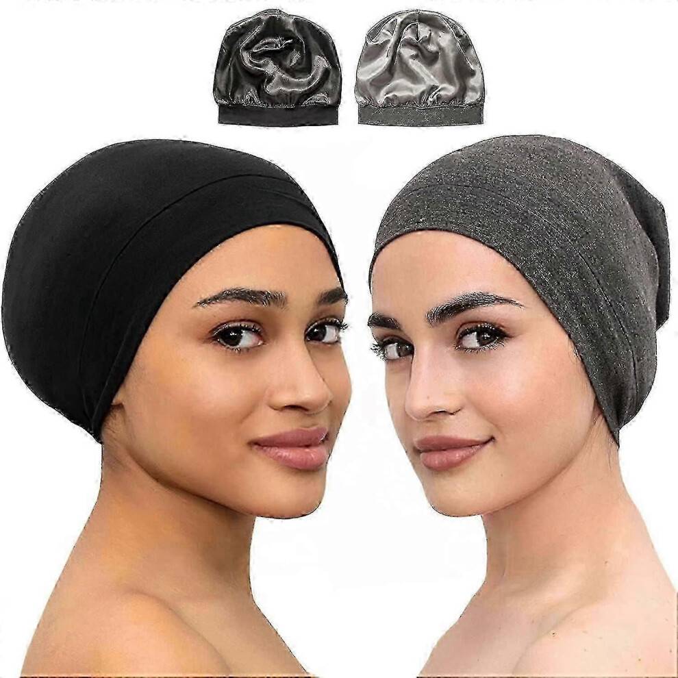 (Black and Dark Gray) Bonnet Silk Bonnet For Sleeping Satin Bonnet Hair Bonnets Black Women Silk Sleep [jkw]