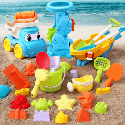 Färgglatt sommarstrandleksset för barn, inkluderar blå strandvagn med orange spade/hink, röda och blå strandhinkar, flerfärgade spadar (grön/blå/vit/r - Multifärgad (En-Storlek)