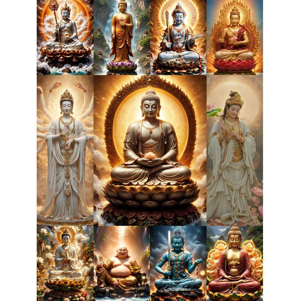 Tecknad Guld Ljus Lotus Buddha Staty 5D Full Cirkel Diamantmålningsset DIY Diamantmosaik Broderi Korsstygn Gåva 2024 Ny