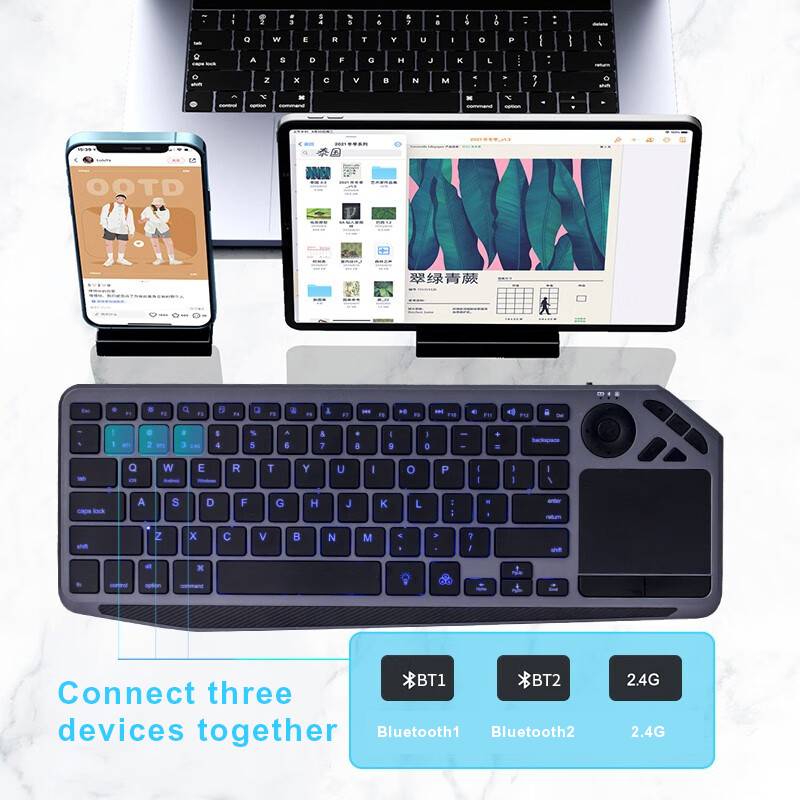 BK9801T Rechargeable Ergonomic dual mode touch keyboard Backlight 2.4g Wireless Bluetooth Keyboard with trackpad For smart tv