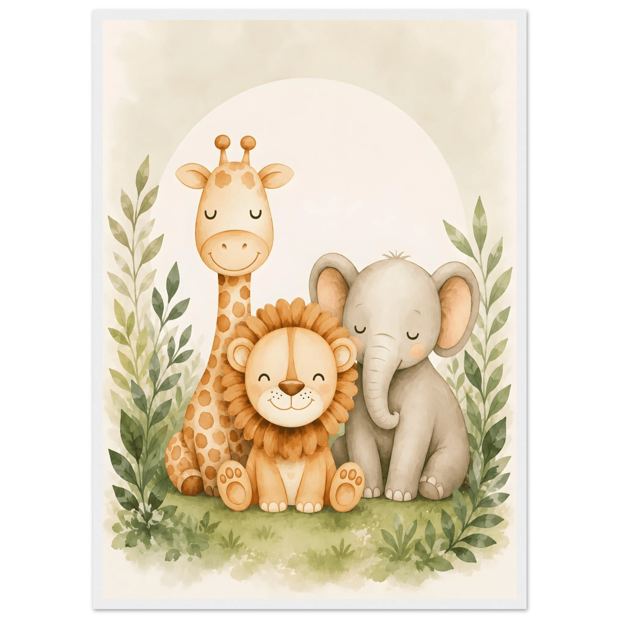 Lejon, elefant giraff poster-50x70 cm / 20x28″ / Med ram / Vit