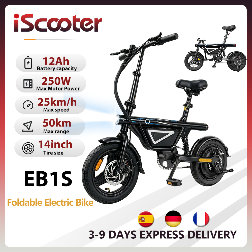 iScooter EB1S Electric Bike 250W Motor 12AH Lithium Battery 50Km Range City E-Bike With 14inch Foldable For Adults
