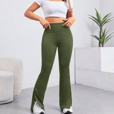 Sommar Outfits Solid Bredband Midja Delad Fåll Leggings - Armé Grön - L,M,S,XL,XS,XXL,XXS