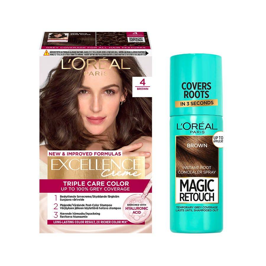 L'Oréal Paris Excellence Creme Hair Color 4 Brown & Magic Retouch Brown Instant Root Concealer Spray 1 pcs + 75 ml