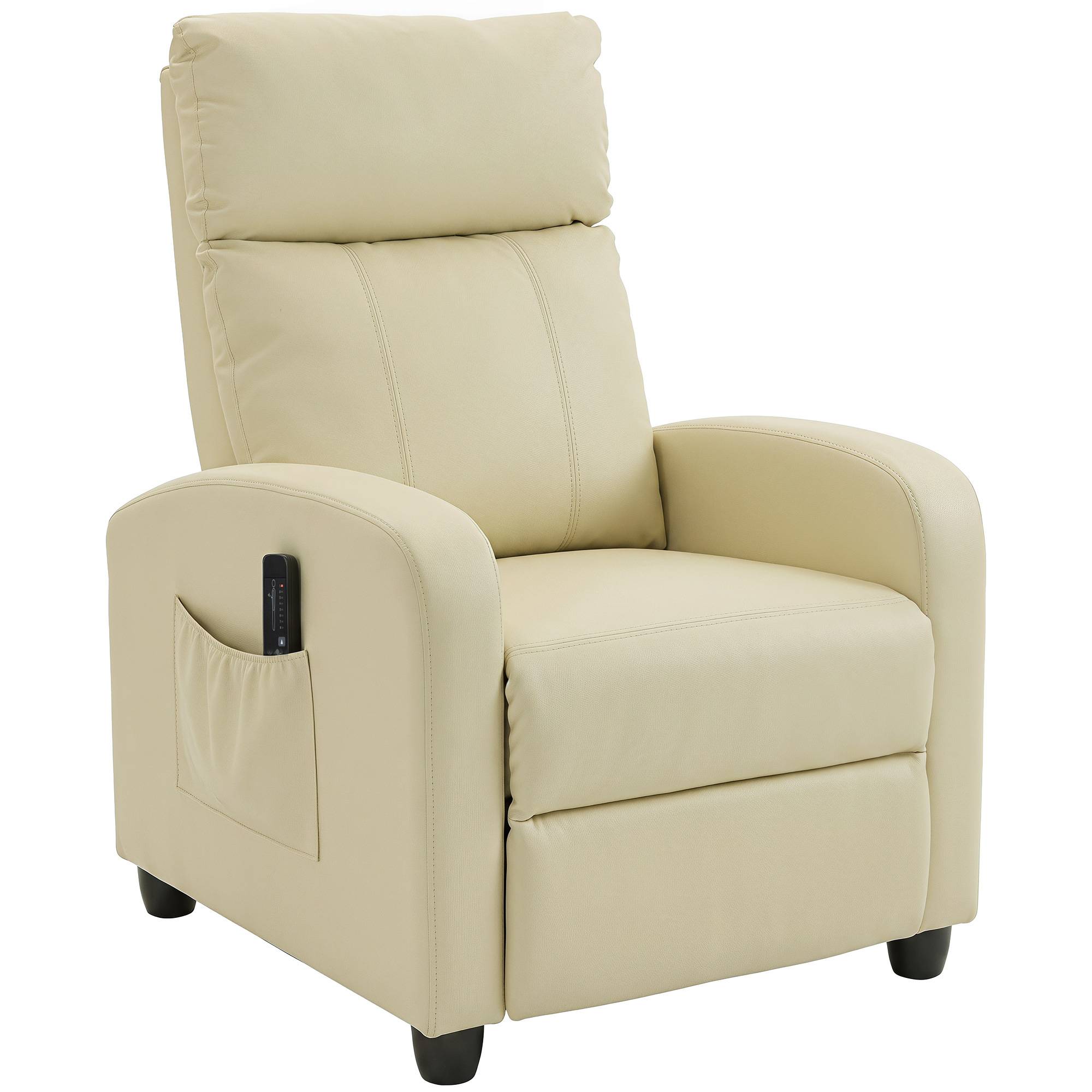 HOMCOM Recliner Armchair, Massage Faux Leather Push Back Reclining Chair with Adjustable Leg Rest, Side Pocket, Cream White