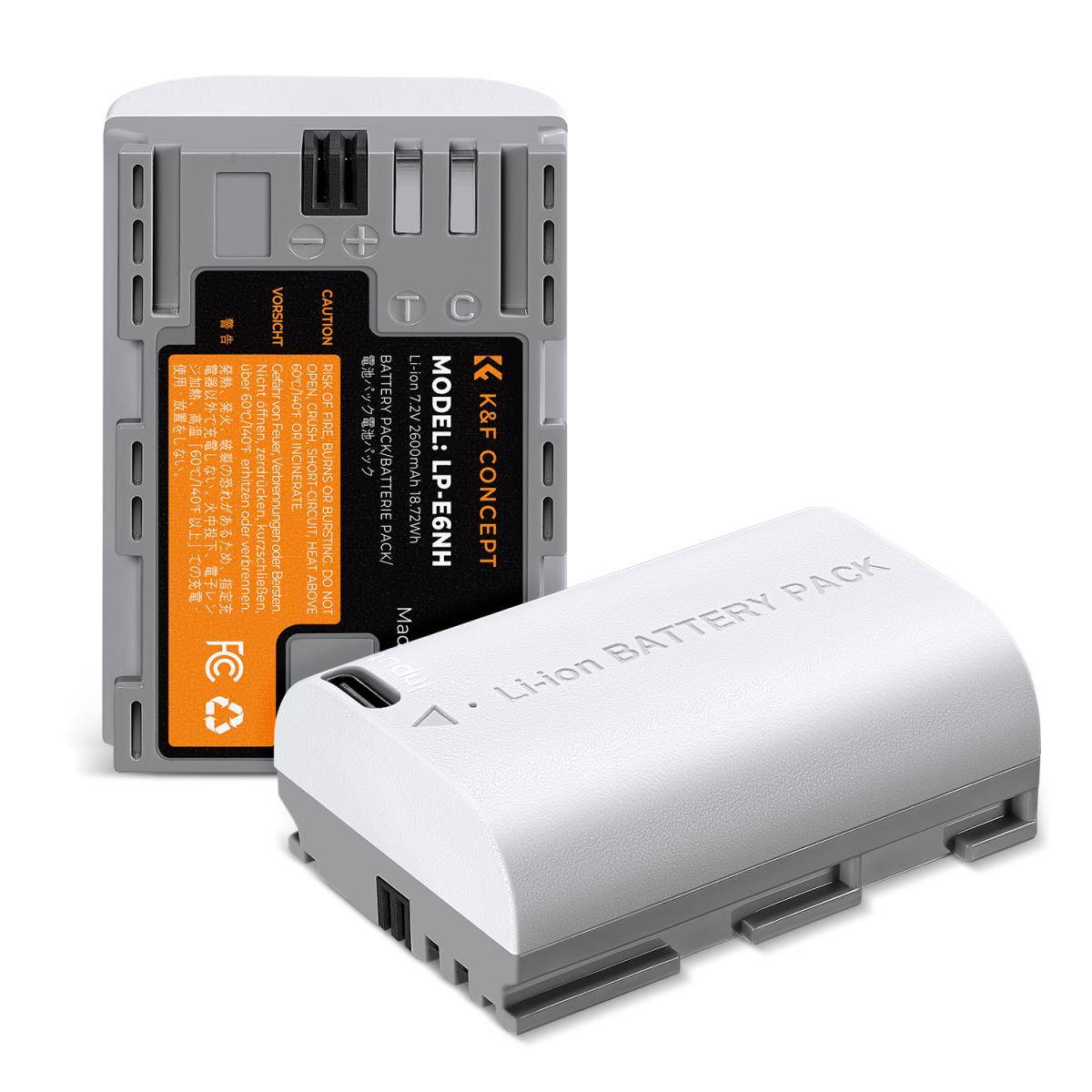 KENTFAITH 2-Pack LP-E6NH Battery with 2600mAh Capacity and Type-C Fast Charging for Canon EOS 90D, 80D, 70D, 5D, Mark II, III, IV, 5DS, SR, 6D, 6D Mark II, R5, R6, R6 II, R7