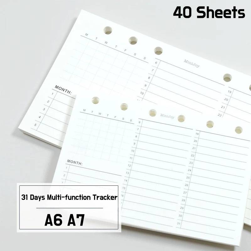 A6 A7 6 Holes 31 Days Multi-function Tracker Refill Monthly Daily Planner Insert Habit Expense Weight Tracker Loose Leaf Paper