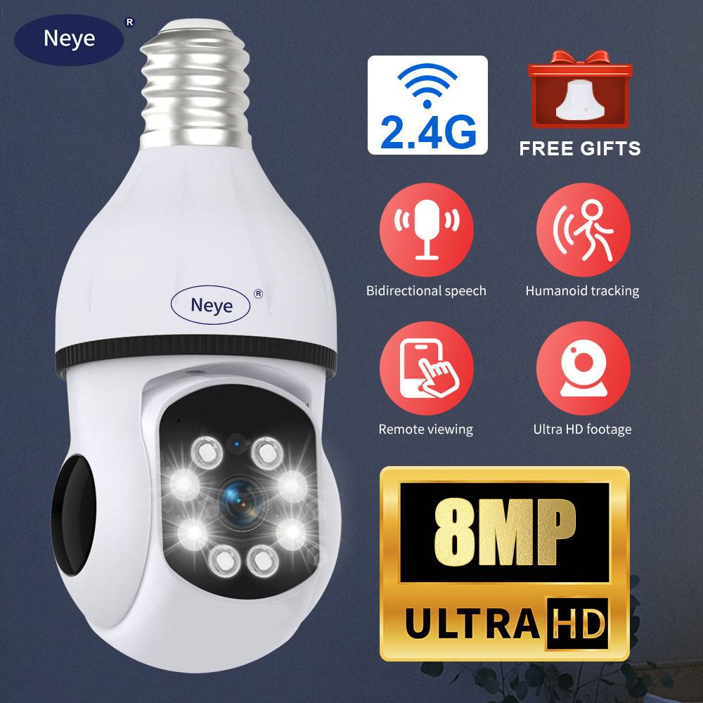 Neye WiFi Smart Home Security Camera 8MP 4K Spotlight E27 Bulb Camera 360 ° Panoramic PTZ IP Camera AI Automatic Tracking