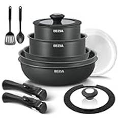 BEZIA Set med induktionshäll, 13 delar, non-stick kastruller och stekpannor, set med avtagbara handtag, nonstick köksredskap med avtagbart handtag, stapelbara husbilsstekpannor för husbilar, ugnssäker