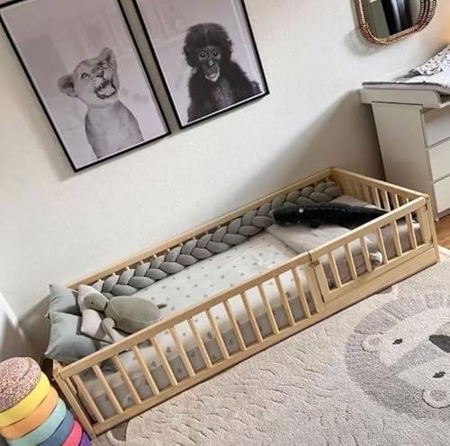 HomeForDreams H4D-35 liten barn i trä med runda säkerhetsräcke och grind – Montessori-stil golvsängram, enkel åtkomst tack vare låg design (200 x 90 cm)