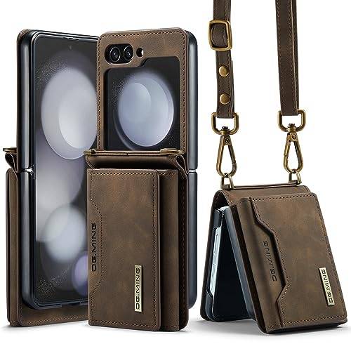 UDBKKDX Fodral för Samsung Galaxy Z Flip 5, matt läder med visningsstativ kameralinsskydd stötsäker korthållare skydd med axelremmar Plånboksfodral skydd case cover