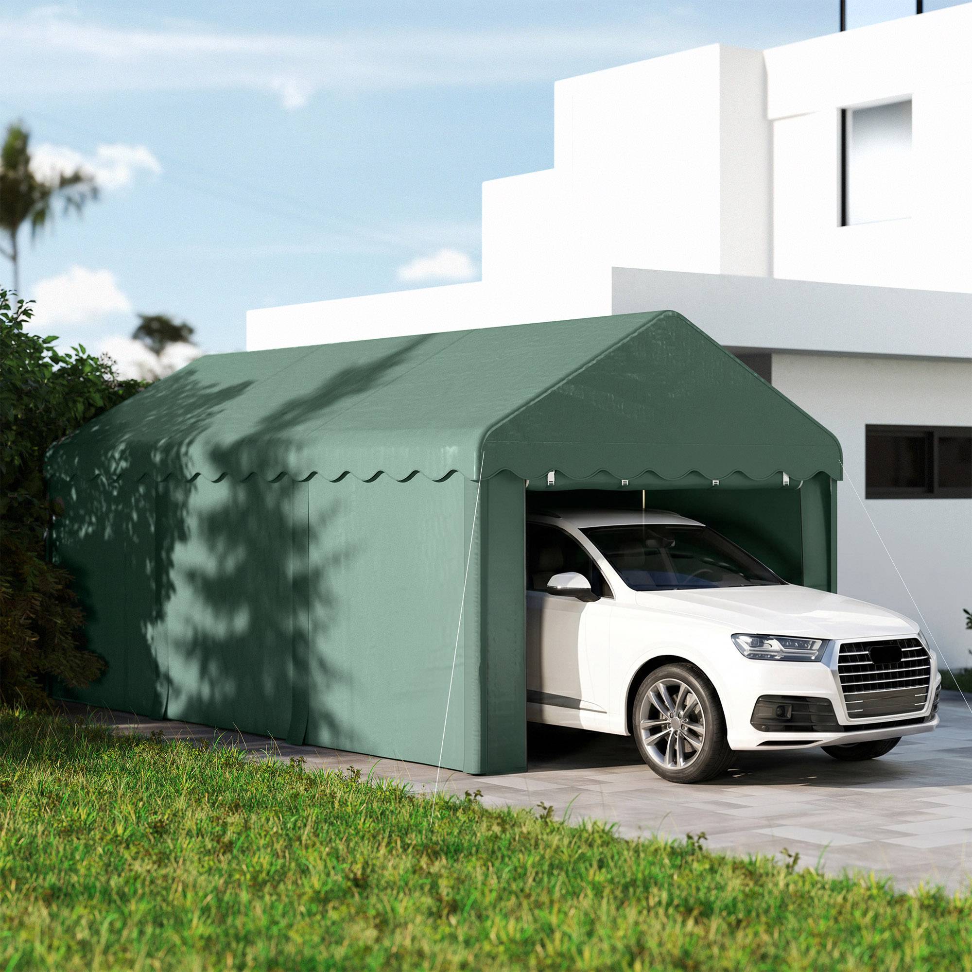 Carport 3x6 m teltgarage med rulledøre, tag, aftagelige sidevægge, UV-resistent vandtæt garagetelt, opbevaringstelt, græsningstelt, garagebaldakin til bil, lastbil, SUV, båd, grøn