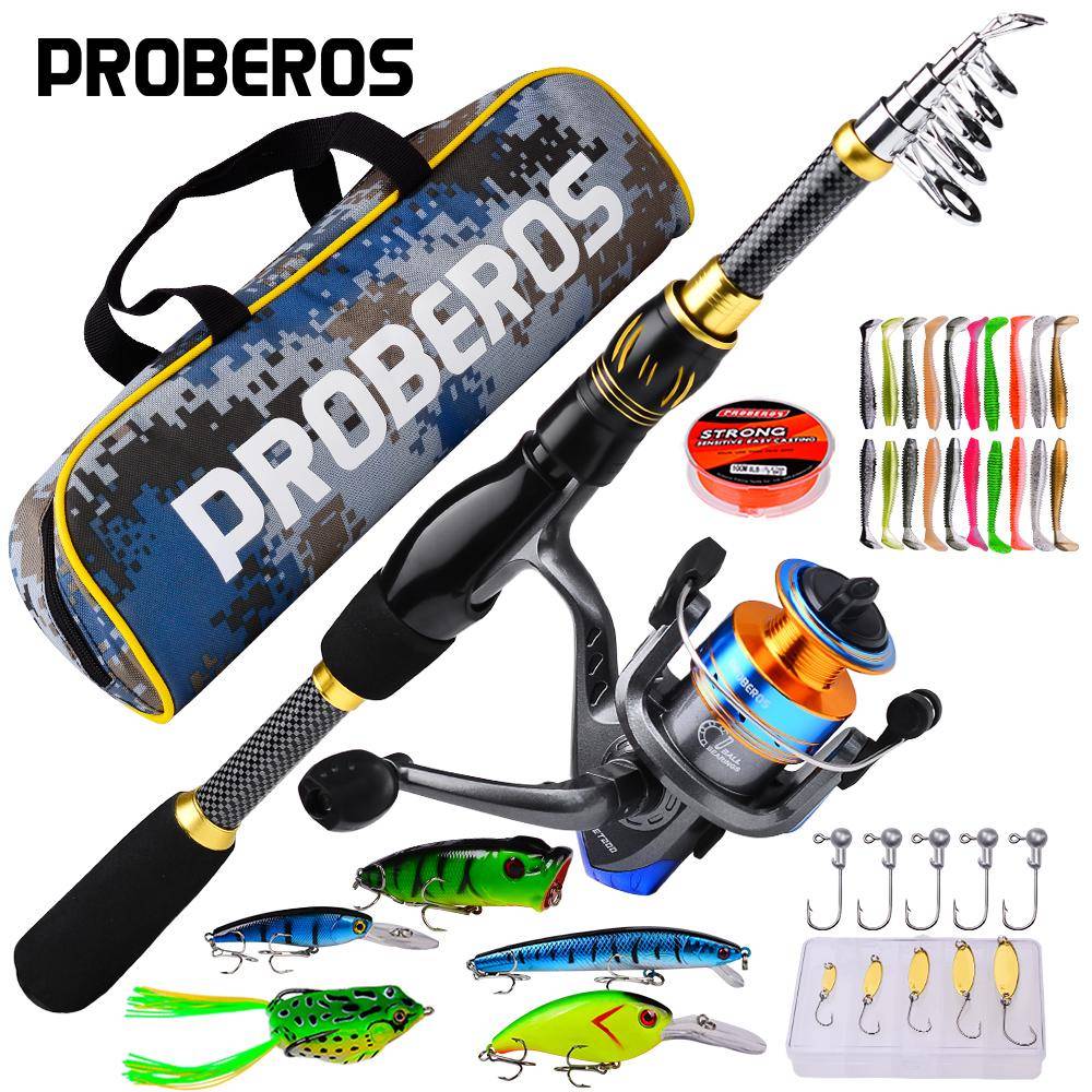 PROBEROS 1,5m-2,4m Fiskeutrustning och Rulle Kombinationskit Spinnfiskespö och Spinnrulle Fiskelina Betesväska Krokar Komplett Set