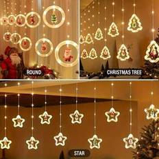 USB-driven ljusslinga för julridåer med fjärrkontroll - 8 typer av blinkande lägen, med krokar och ornament som träd, renar, snögubbar, jultomten etc. (Träd,Stjärna,runda)