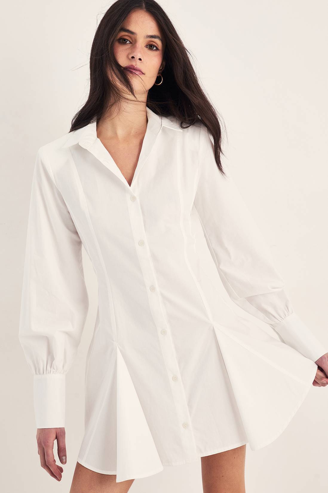 Cotton Seam Detail Shoulder Pad Flippy Shirt Dress