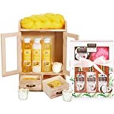 BRUBAKER Cosmetics 2in1 Vårdset Lemon & Kokosnöt Jordgubbar - Stort 15-Delat Wellness Set - Dusch- och Badset för Damer - Kvinnors Skönhetspresent i Dekorativt Träskåp