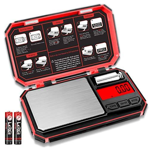 UNIWEIGH Digital köksvåg 200 g/0,01 g, fickvåg, precisionsvåg, våg gram, liten våg, brevvåg, minivåg, digital skala med 50 g kalibreringsvikt (batteri ingår) – röd