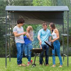 BBQ-pavillon med flammehæmmende tag, 2 hylder, sort polyester, 218 x 138 x 216 cm, ideel til have og terrasse
