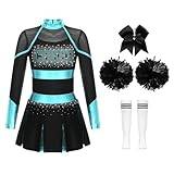 Yruioon 4 st flickor cheer leader kostym långärmad cheerleading klänning med pomsstrumpor hårband glitter dansklänning halloween karneval kostym A blå grön och vit 146–152