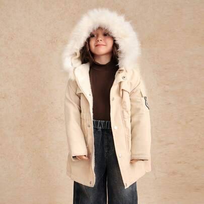 Flickjacka i khaki med huva och termofodrad krage, vit plyschfoder och förstärkt midjeband, lämplig för vintern - Kaki (6Y,7Y,4Y,5Y)