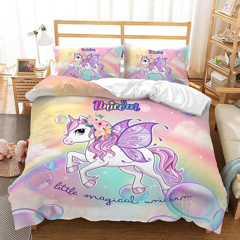 Sängklädesset med regnbågsenhörning för barn, sänglinne med tecknade djur för flickor, kawaii påslakanset, enkelsäng, enkelsäng, dubbelsäng, queen size cot size 70x133cm