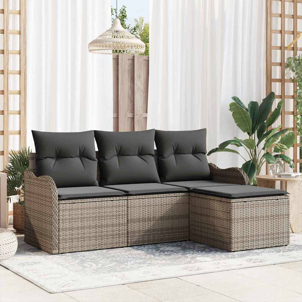 Havesofa Sæt Med Pude 4 Dele Poly Rattan - Grå