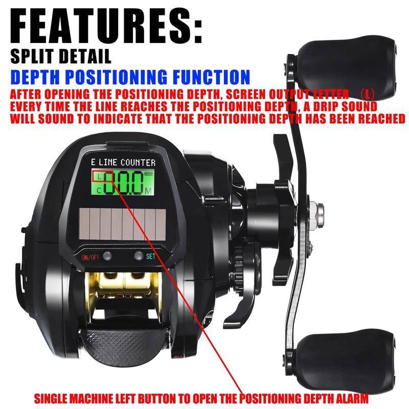 2024 Ny Stil Fiske Rulle USB och Solcellsladdning Elektronisk Bait Casting LED-Skärm 7.2:1 Saltvatten Vattentät Fiske Trumma Kastspö svart