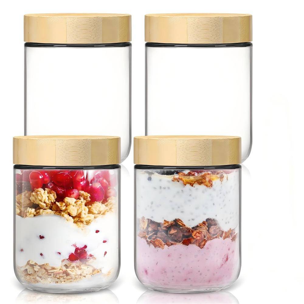 4-pack 16 oz Overnight Oats-behållare med bambulock Glasburkar med lufttäta lock för måltidsförberedelser Bredmunnade Masonburkar för sallad beige