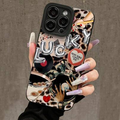 1 st vintage leopardmönstrat Y2K hot girl-stil urban party cocktail poker-kort record heart slogan mönster svart cat eye mjukt mobilskal med full täck - Multifärgad (Multi-size)