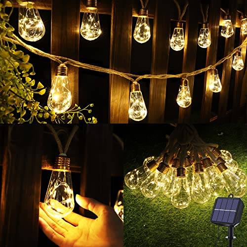Geemoo Solar Lichterkette Aussen Mit 16 Glühbirnen, 6.4M Solar Lichterkette Außen Wetterfest Warmweiß, Vintage Solarlichterketten mit Hanfseil Outdoor Deko für Garten, Party, Balkon, Hof, Hochzeit