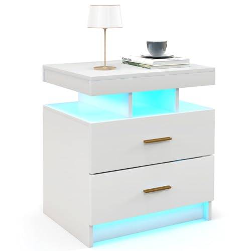 COSTWAY Nattbord med LED-belysning, sängskåp, högglans, sidobord med 2 lådor och justerbara färger, soffbord, nattduksbord för sovrum, vardagsrum, 50 x 40 x 58 cm (vit)