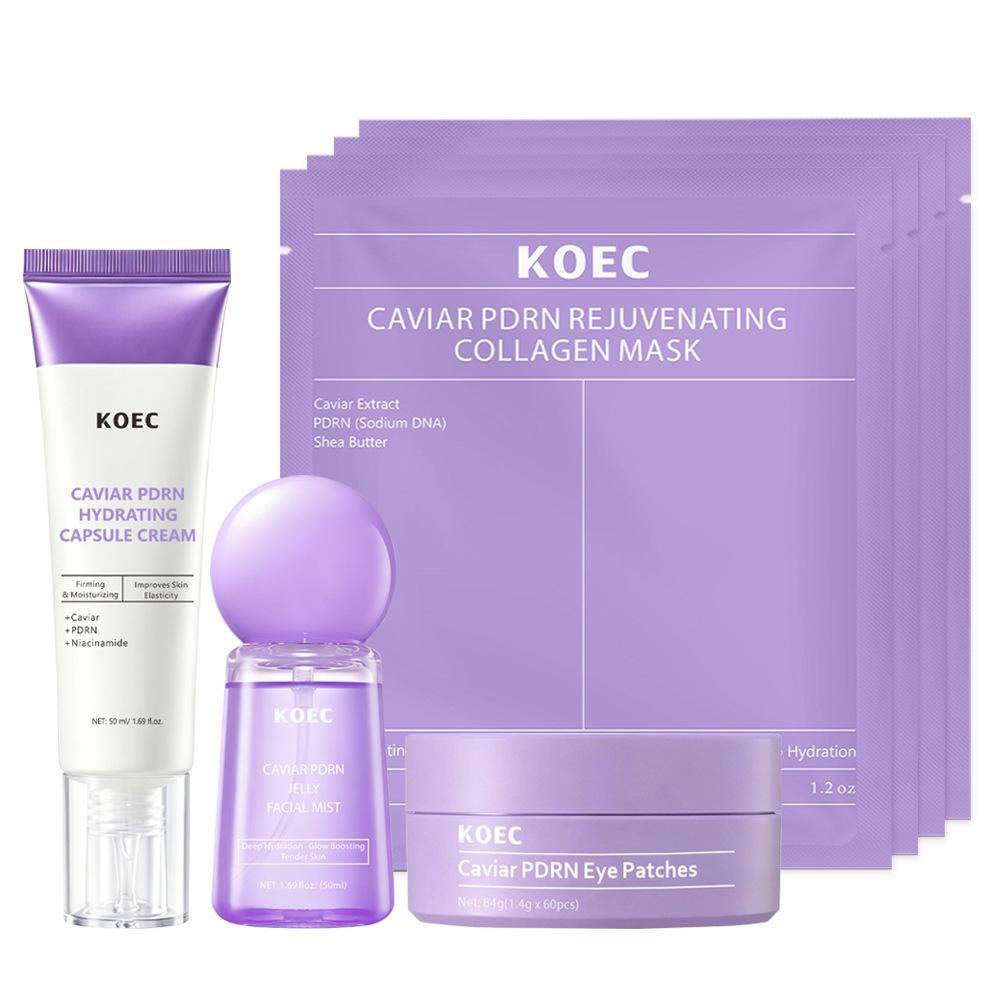 KOEC Caviar PDRN Hudvård 4-pack: Kapselkräm+Gelé-mist+Lystergivande lila mask+Ögonmask