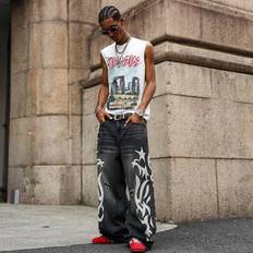 Men&#39;s Street Style Casual Loose Fit Wide Leg Black Denim Jeans Men Wide Leg Jeans Graphic Jeans Men Y2k Men Jeans Baggy Jeans Men - Black - L,M,S,XL,XS,XXL