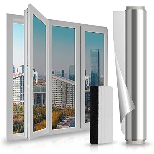 LULUETPUE Spegelfolie självhäftande solskyddsfilm fönster inomhus UV-skydd reflekterande fönsterfilm silver termofolie för kontor och hem, (40 x 400 cm)