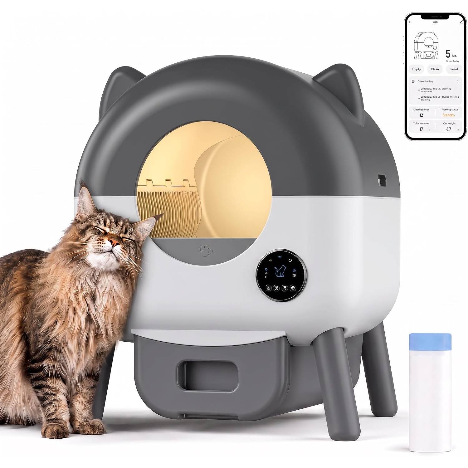 Self-Cleaning Cat Litter Box, Self-Cleaning Cat Toilet with Odor Control & App, 76 L/15 Days, Scoop-Free, Safety Sensors, Automatic Cat Litter Box with Anti-Pinch Protection and 6 Night Lights