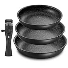 Fadware induktion stekpanna non-stick-belagd stekpanna 20, 24 och 28 cm med avtagbart handtag, för alla typer av spisar, PFOA-fri, PFAS-fri, ugnssäker, lätt att rengöra, för camping