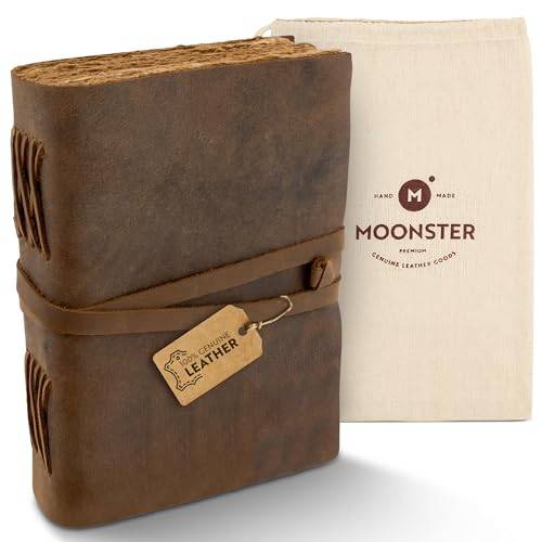 moonster Läder Anteckningsbok A5 [20x15 cm] Vintage Dagbok – Handgjord av Äkta Buffelläder med 240 Sidor 125 g/m² Träfritt Bomullspapper, perfekt som Skissbok & Resedagbok